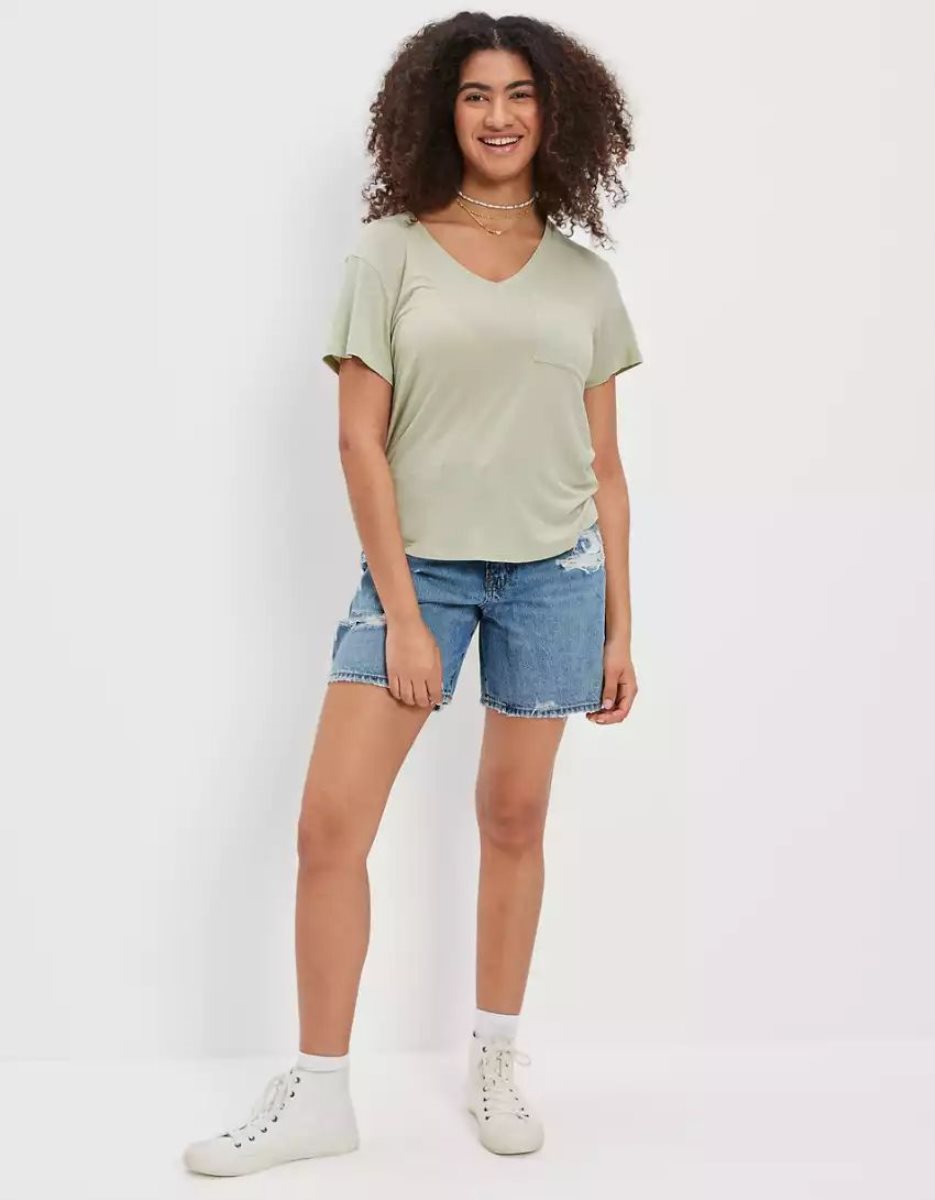 T Shirts American Eagle AE Soft & Sexy V-Neck Pocket Tee Vert Olive Femme | MED-05847263